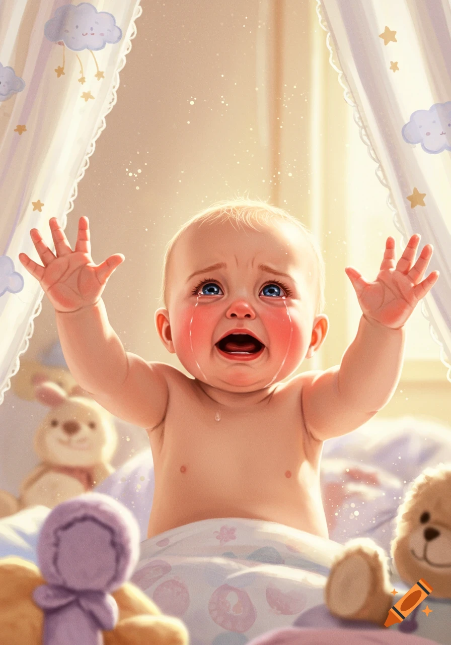 A brightly illustrated baby with blue eyes cries with raised arms in a crib, surrounded by nursery decorations and stuffed animals.