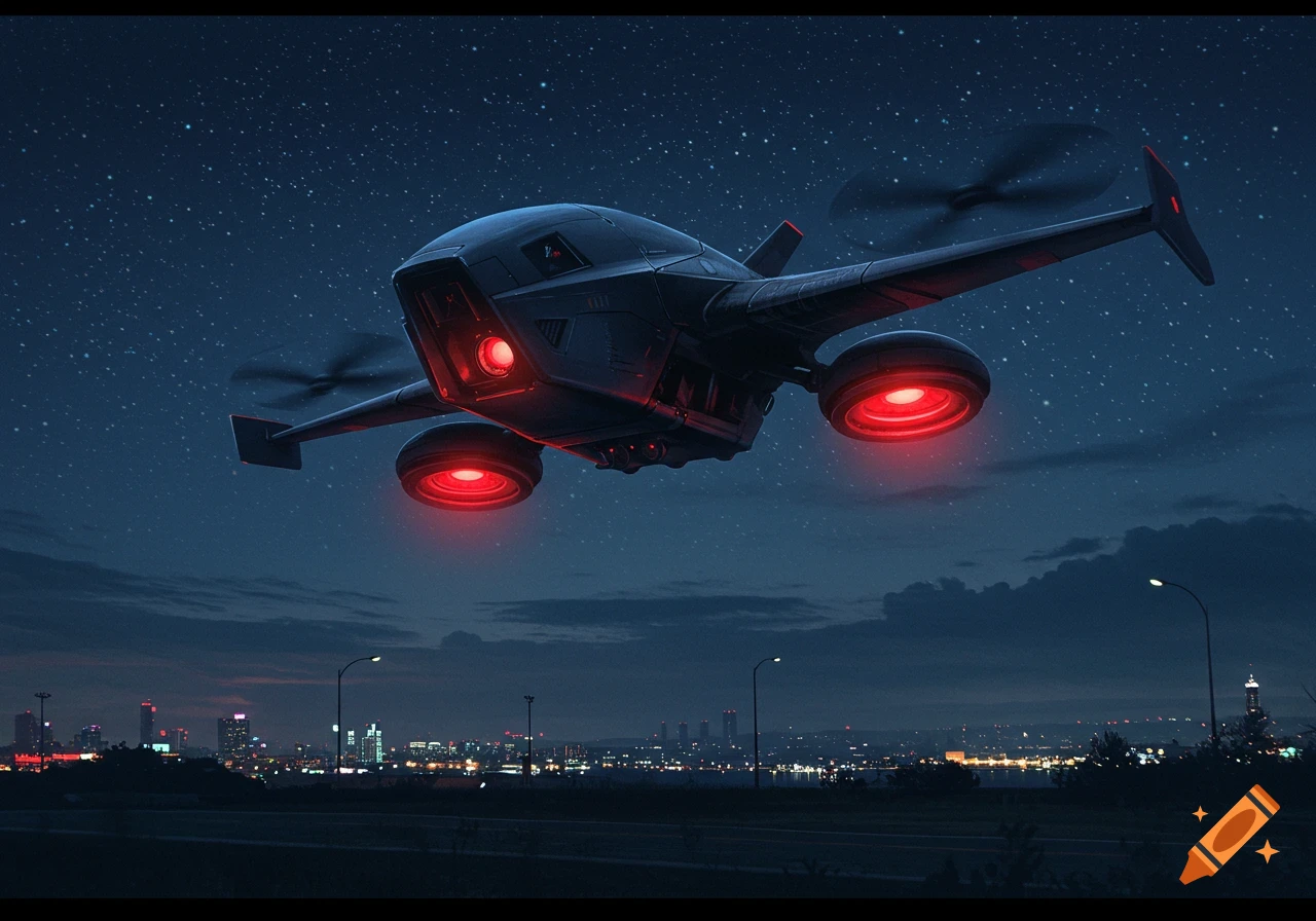 A dark, futuristic drone with glowing red lights hovers above a city skyline at night under a star-filled sky.
