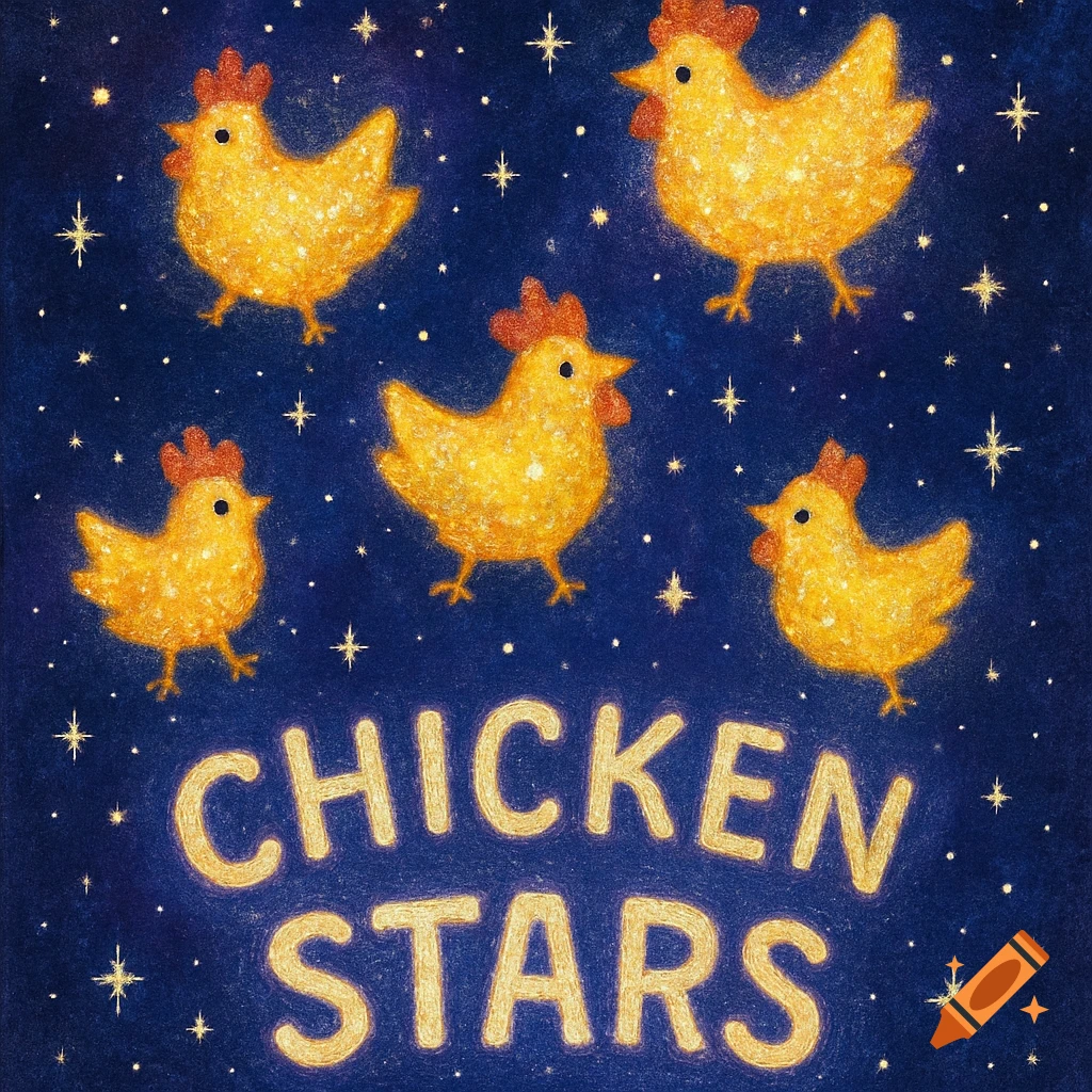 A drawing of five sparkling gold cartoon chickens and white stars against a dark blue background, with "CHICKEN STARS" in glowing gold text.