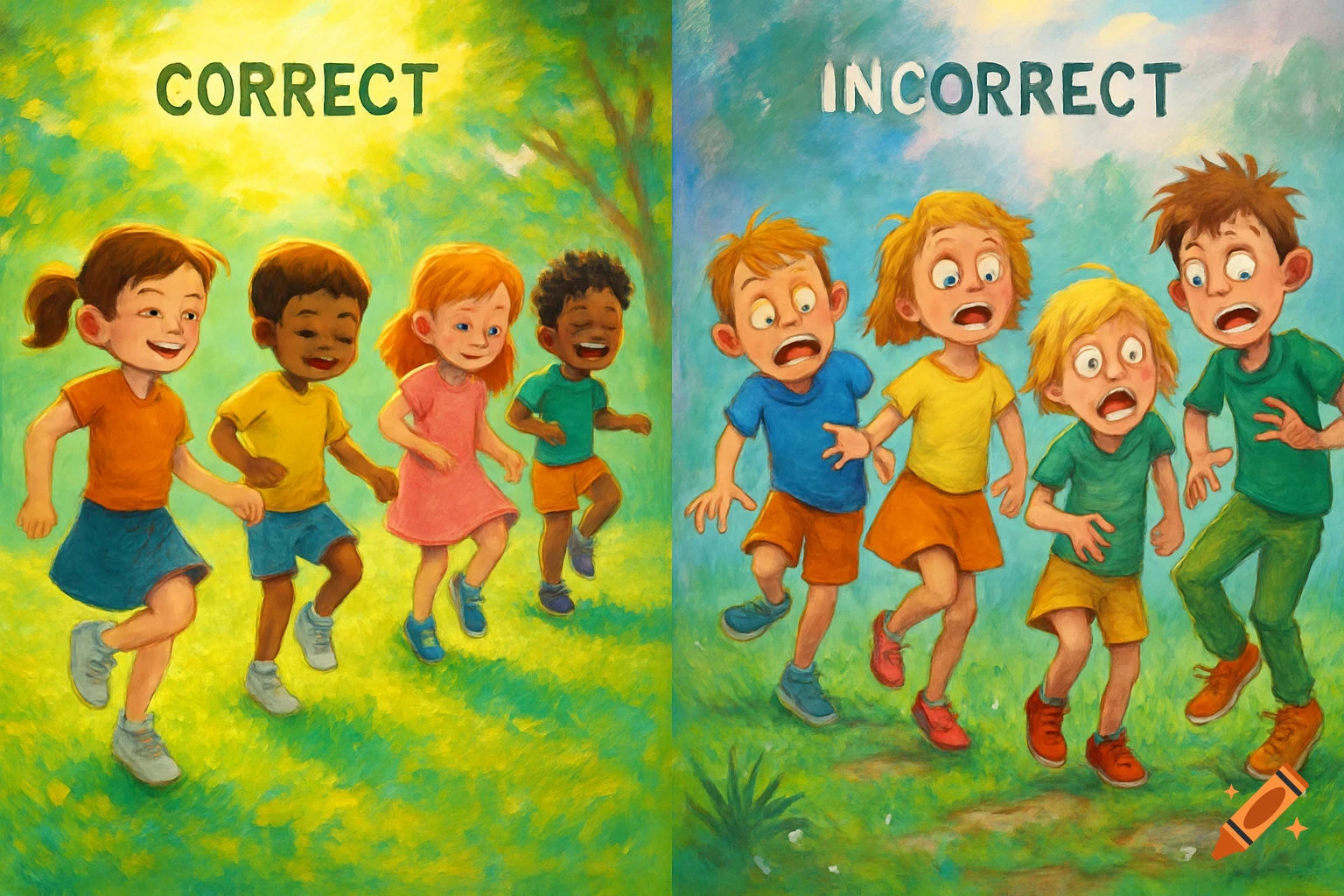 Cartoon illustration of kids. On the left, happy children are labeled 'CORRECT'. On the right, distressed children are labeled 'INCORRECT'.