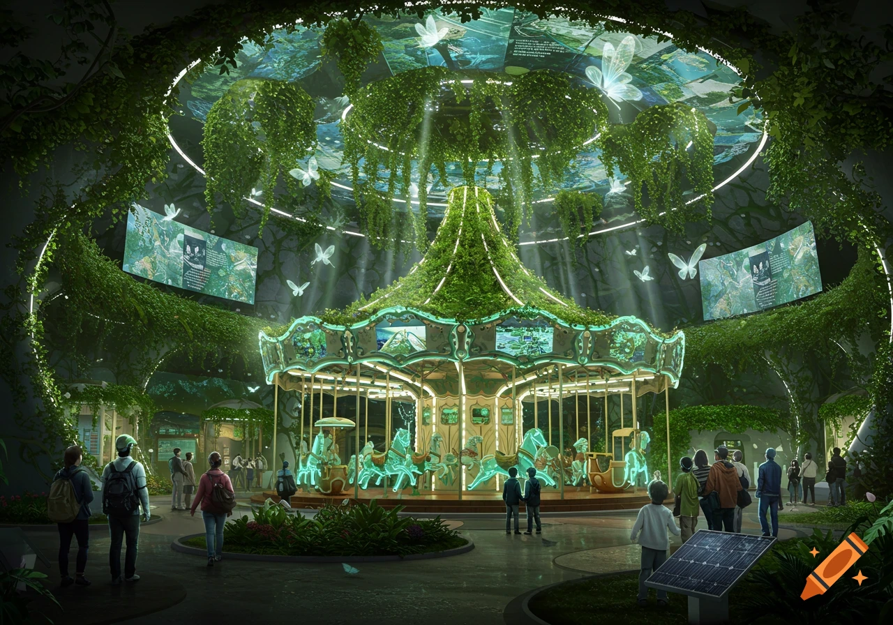 A futuristic indoor carousel adorned with lush green foliage and glowing elements, surrounded by people, in an ecological-themed setting.