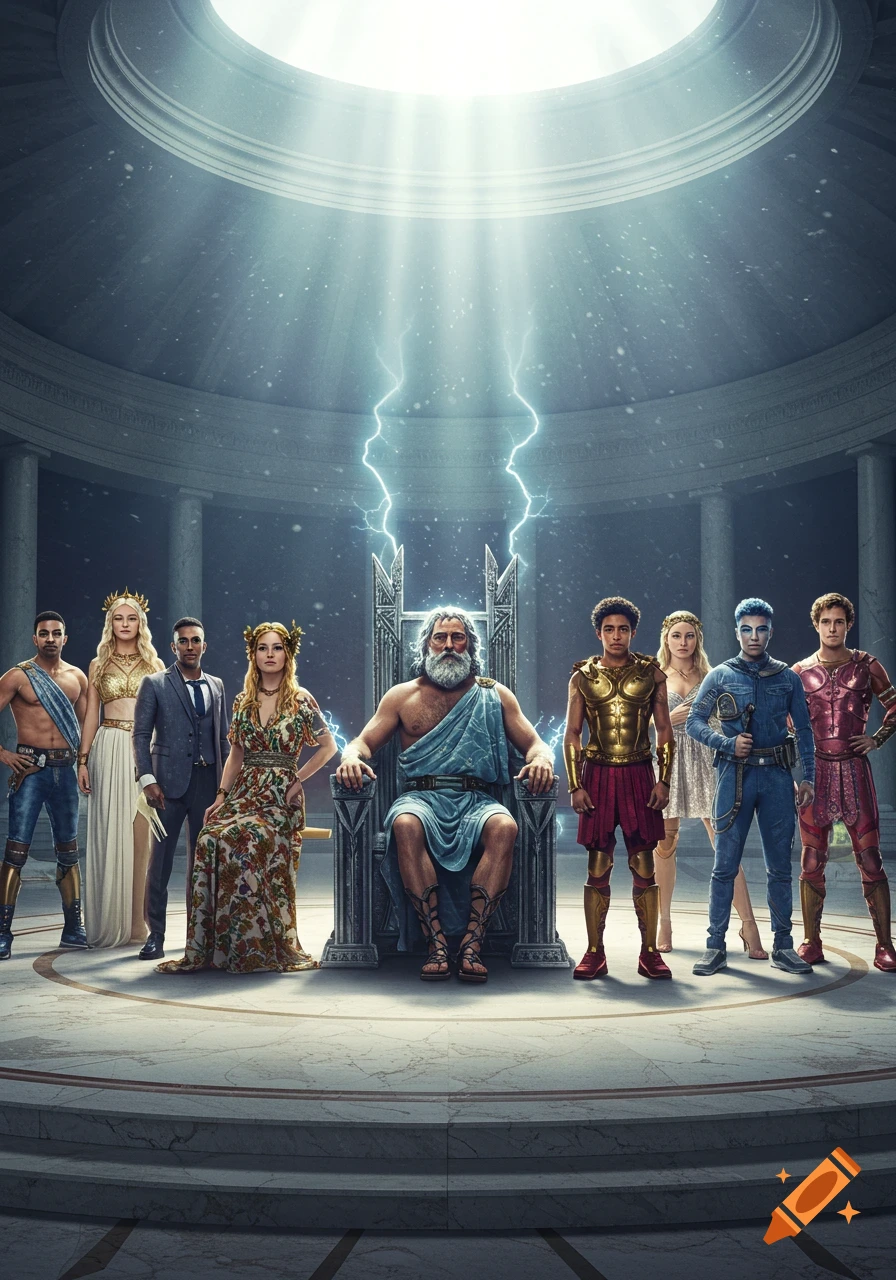 A diverse group of modern-clad figures, some resembling Greek gods, gather in a large, ancient domed hall with lightning bolts.