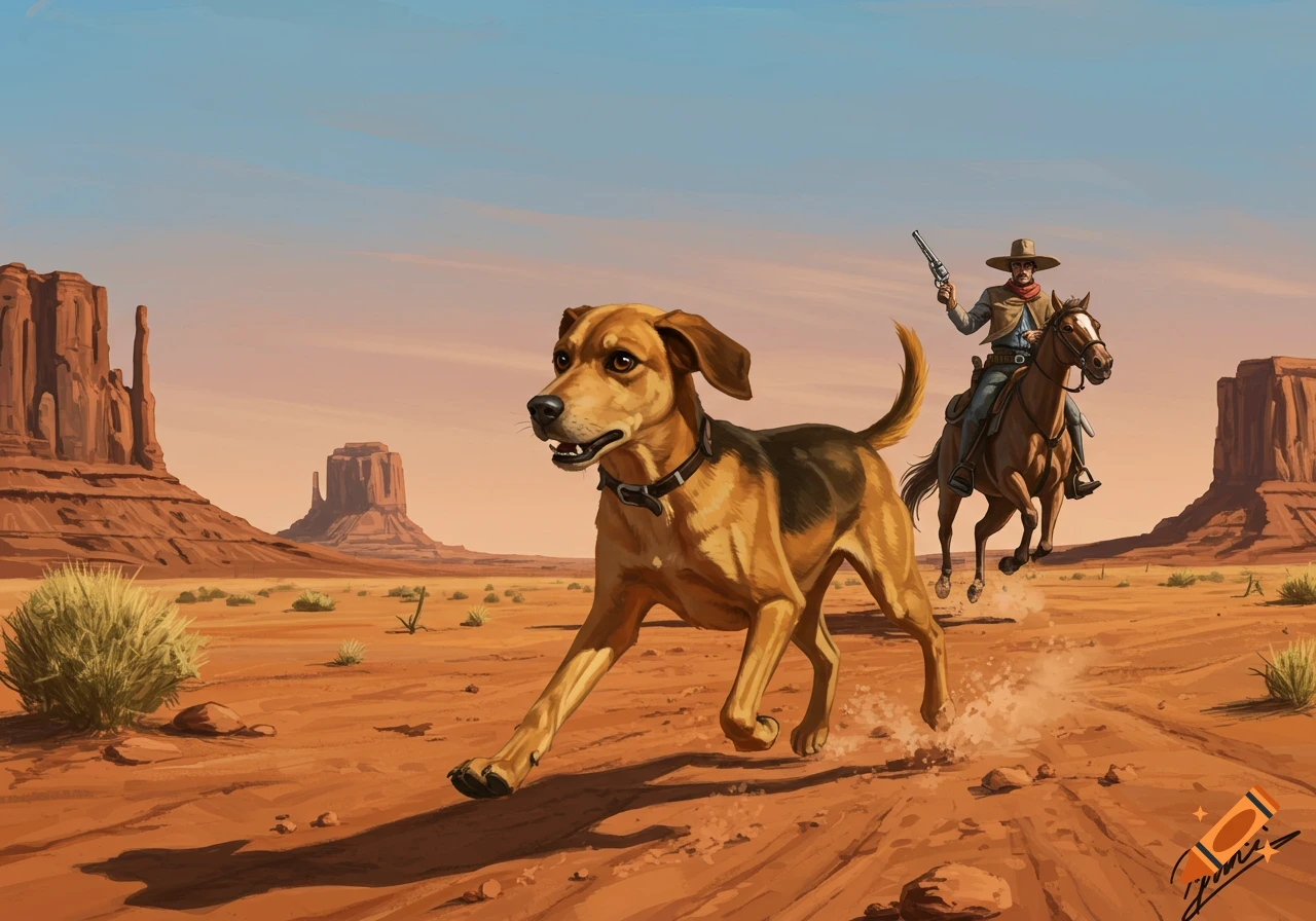 A brown dog runs across a desert landscape with mesa formations. A cowboy on a horse rides behind, holding a gun. Illustrated.