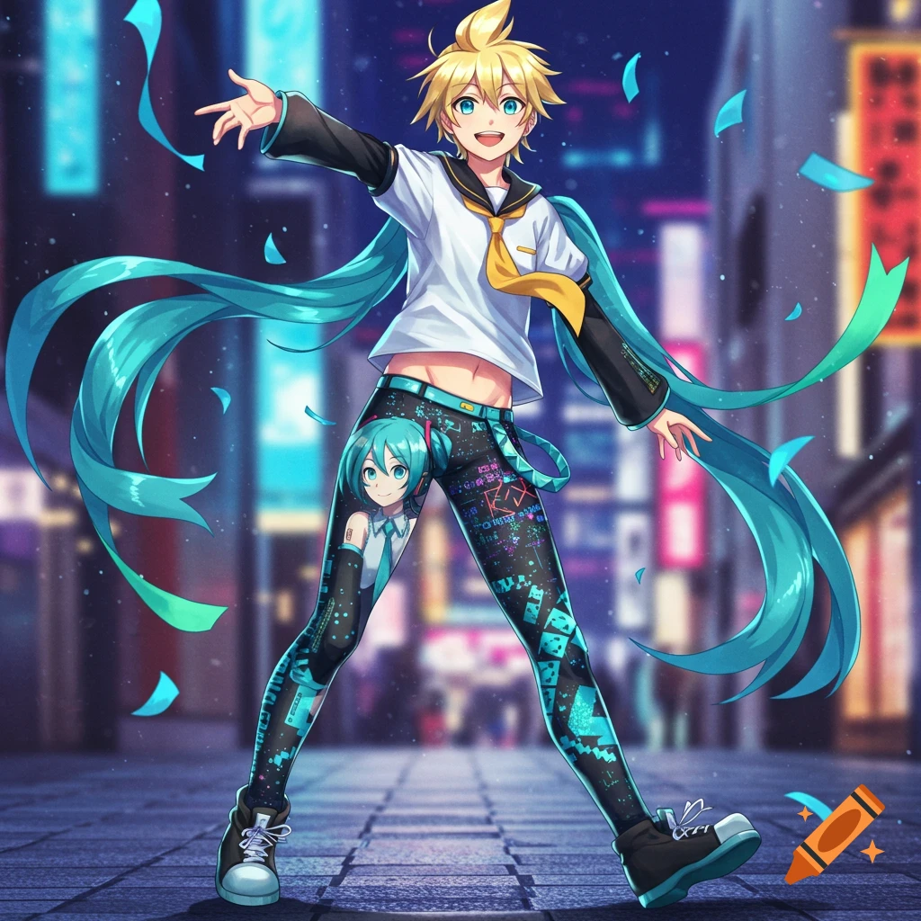 Anime character Kagamine Len in a white sailor shirt and black leggings with Hatsune Miku's face, posing on a neon-lit city street at night.