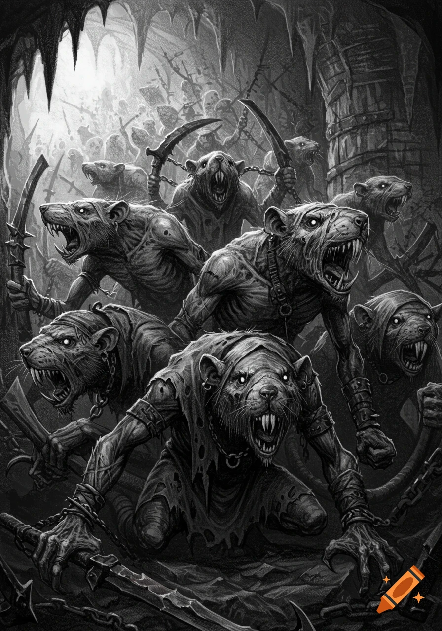 A grimdark graphite sketch of snarling, armed Skaven slaves advancing through a dark cave.