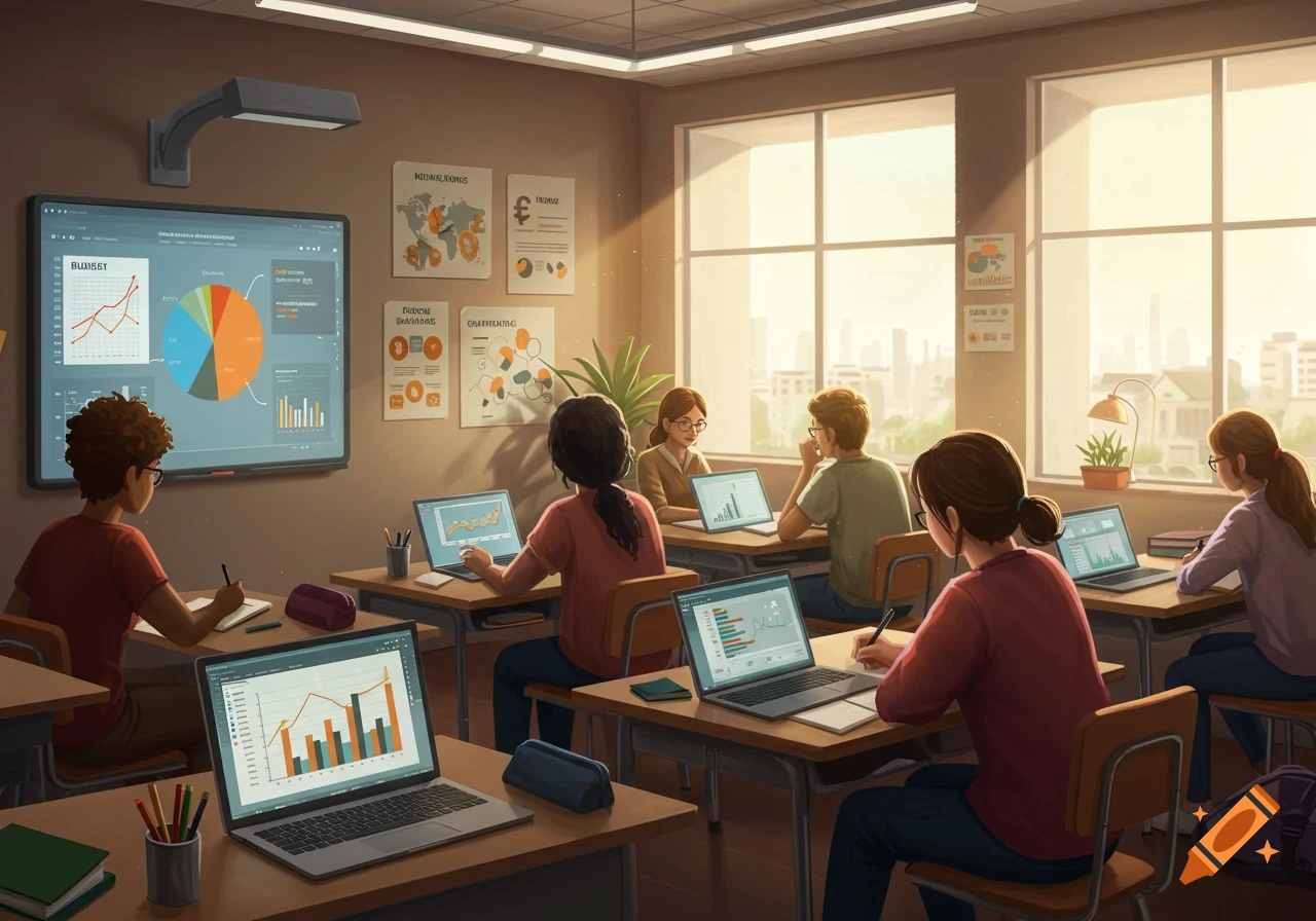 Students in a bright classroom work on laptops, learning about budgeting with charts displayed on a large screen and wall posters.