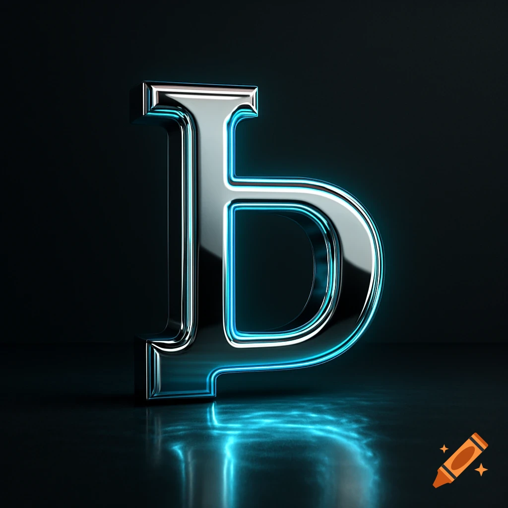 A shiny metallic Russian hard sign symbol with a blue neon outline glows on a reflective dark surface.