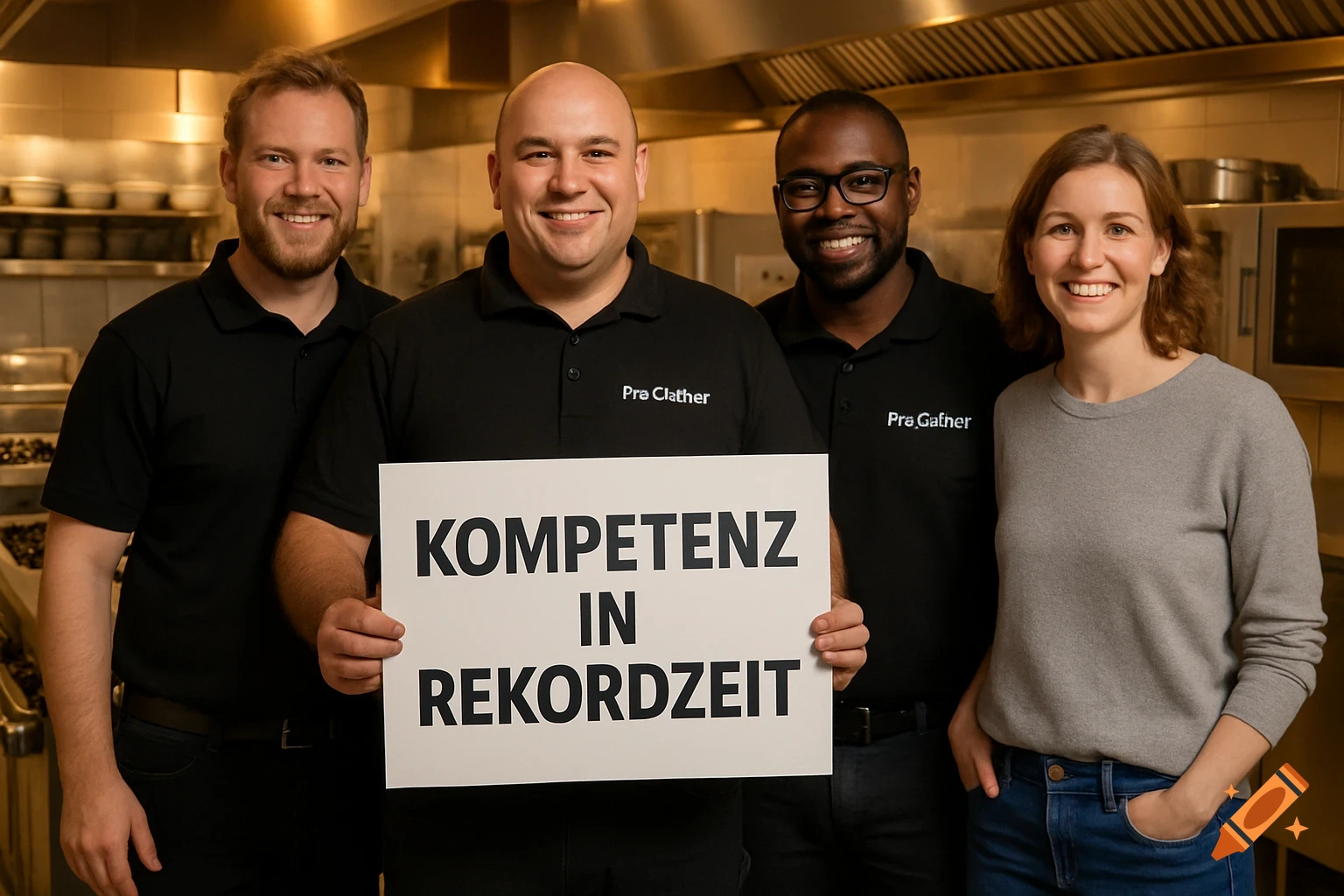 Four smiling people, three men and one woman, in a stainless steel kitchen, one man holding a sign that reads 'Kompetenz in Rekordzeit'.