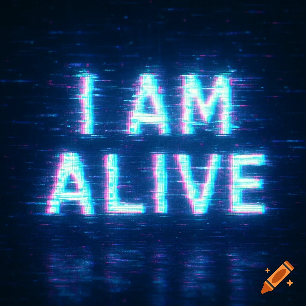 The words 'I AM ALIVE' rendered in glowing, glitchy, cyan, and magenta digital text on a dark background.