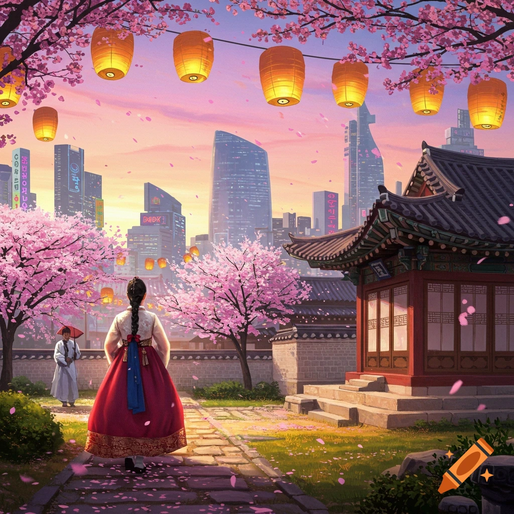 A person in a red hanbok walks through a cherry blossom garden with a traditional building and a modern city skyline at sunset, illuminated by lanterns.