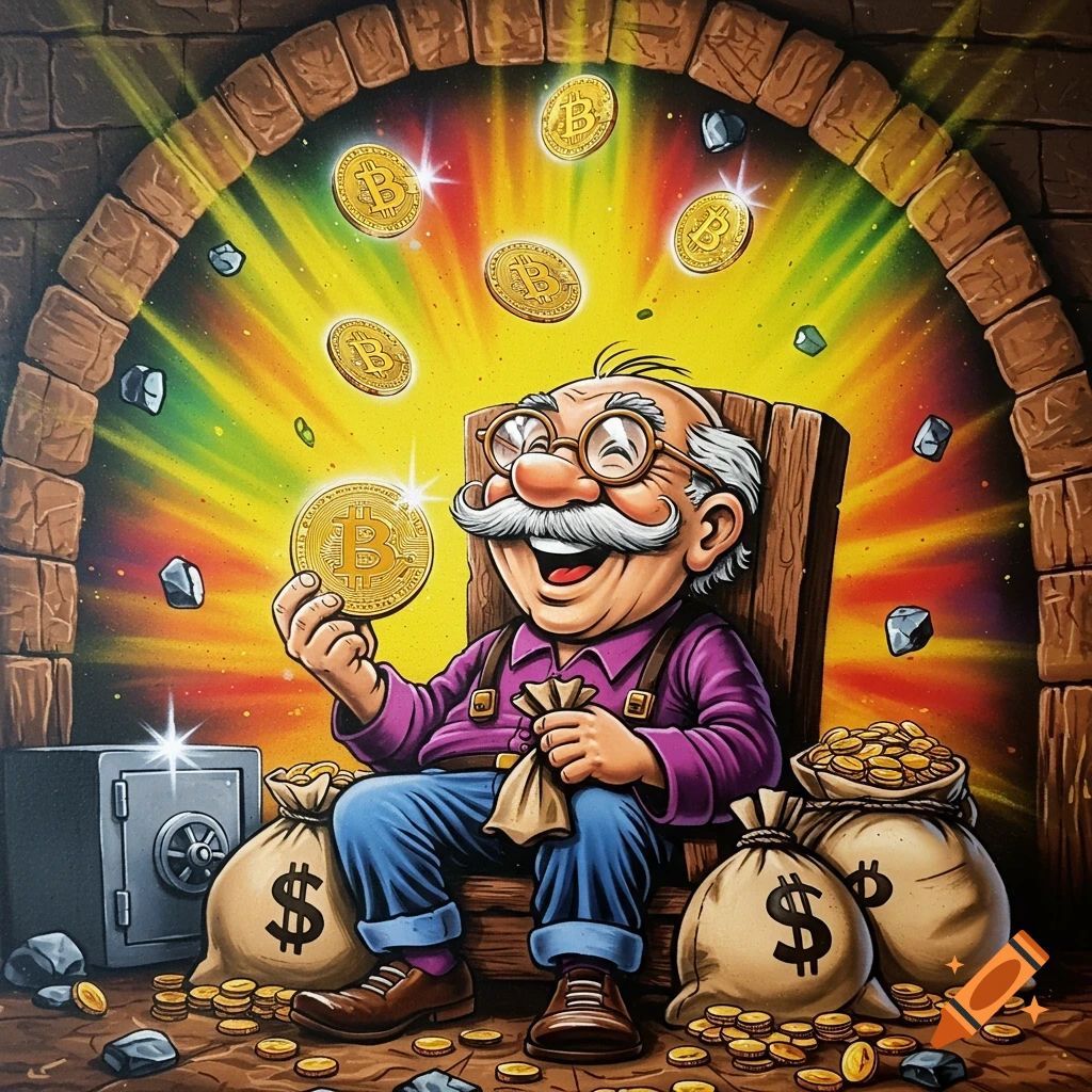 Vibrant spray paint art of a smiling cartoon old man holding a Bitcoin, surrounded by money bags and floating Bitcoins in a colorful treasure cave.