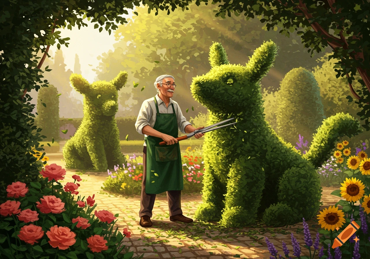 An elderly man trims a dog-shaped topiary in a lush garden with roses and sunflowers, in an illustrative style.