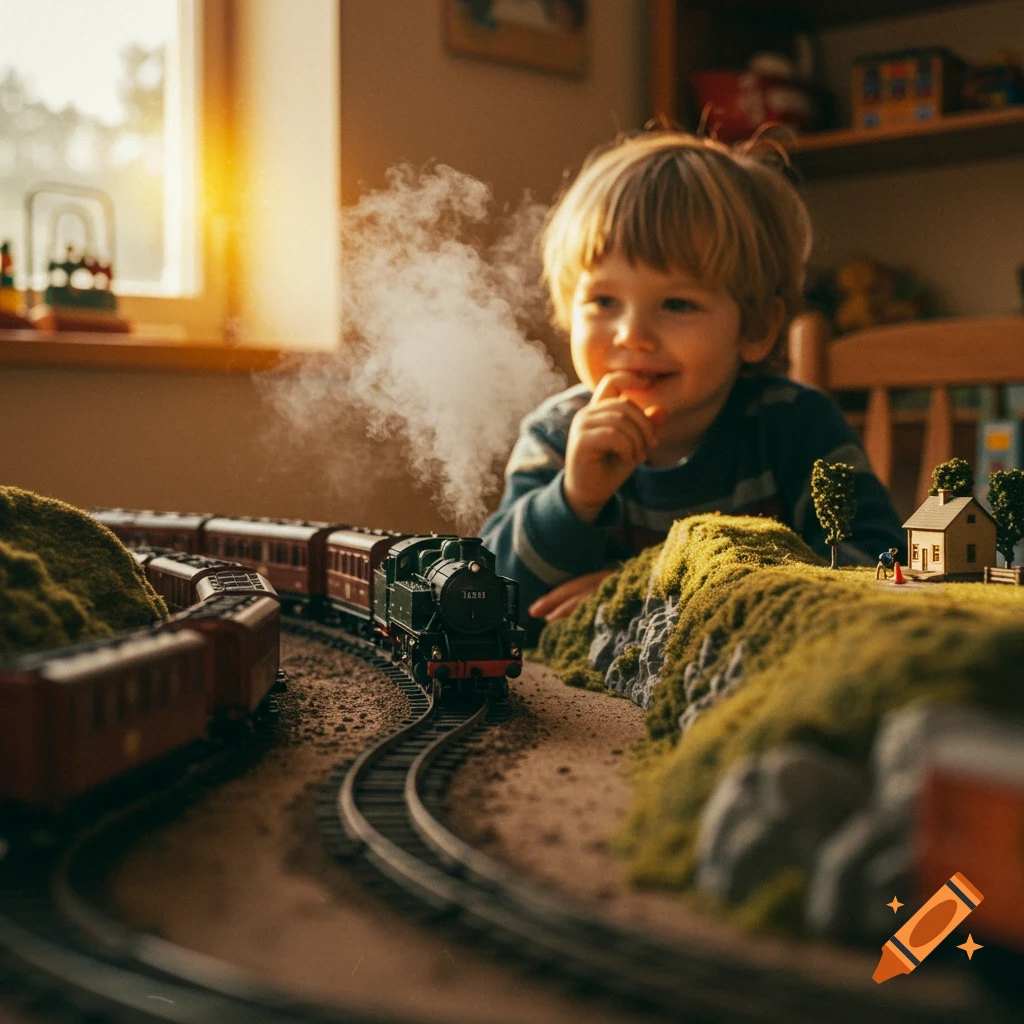 A smiling young boy watches a steaming model train on a track winding through a miniature landscape, bathed in warm light.
