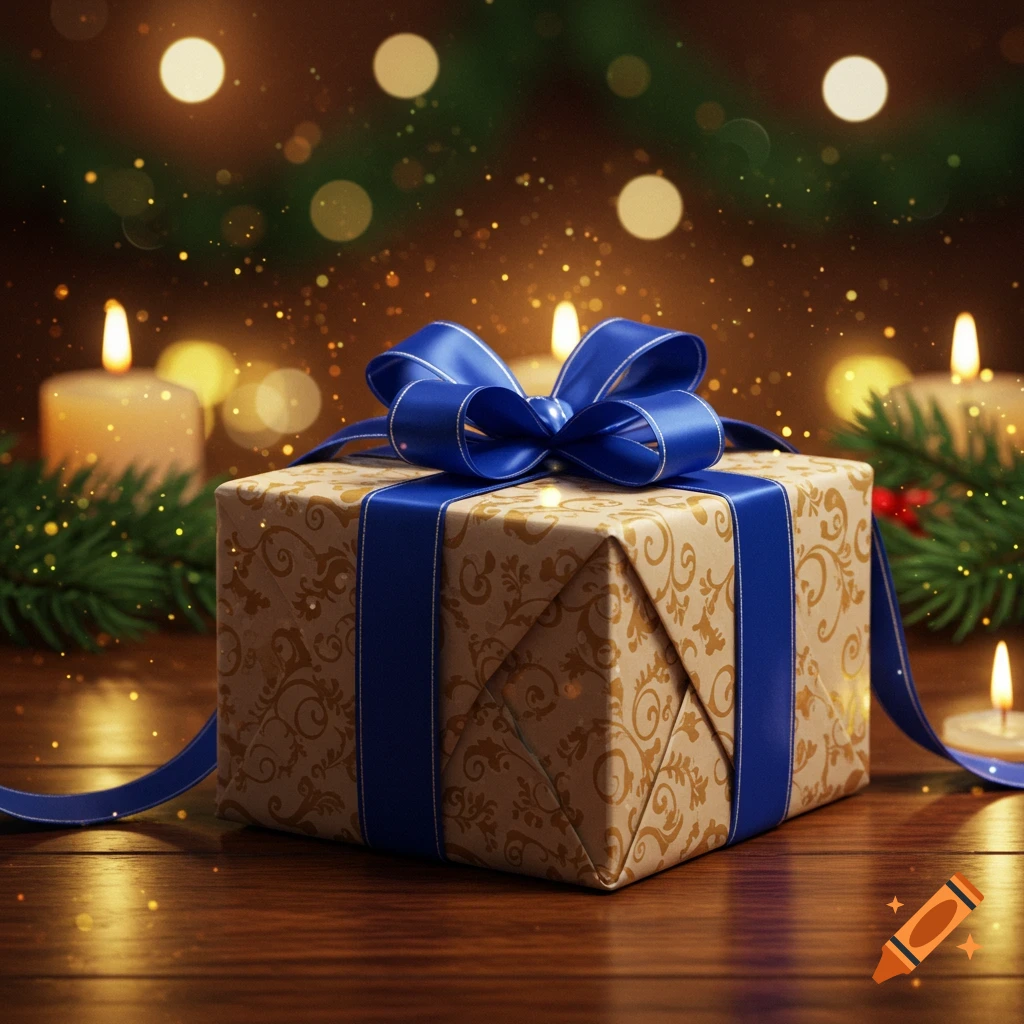 Photorealistic gift box with blue ribbon and patterned paper, surrounded by glowing candles and bokeh lights on a wooden surface.
