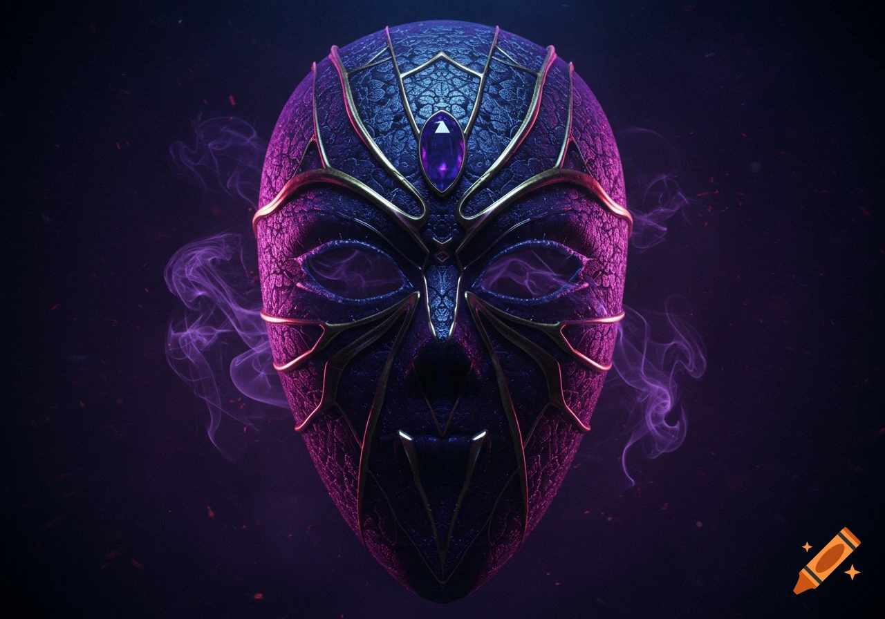 A detailed dark purple and gold stylized mask with a central gem and glowing purple smoke, on a dark background.