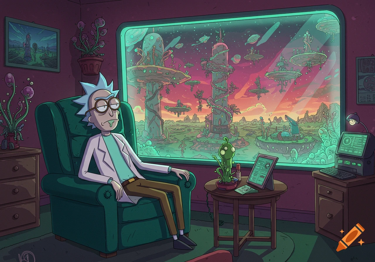 Rick Sanchez sits tiredly in an armchair in an office with a large window overlooking a vibrant alien cityscape in Rick & Morty cartoon style.