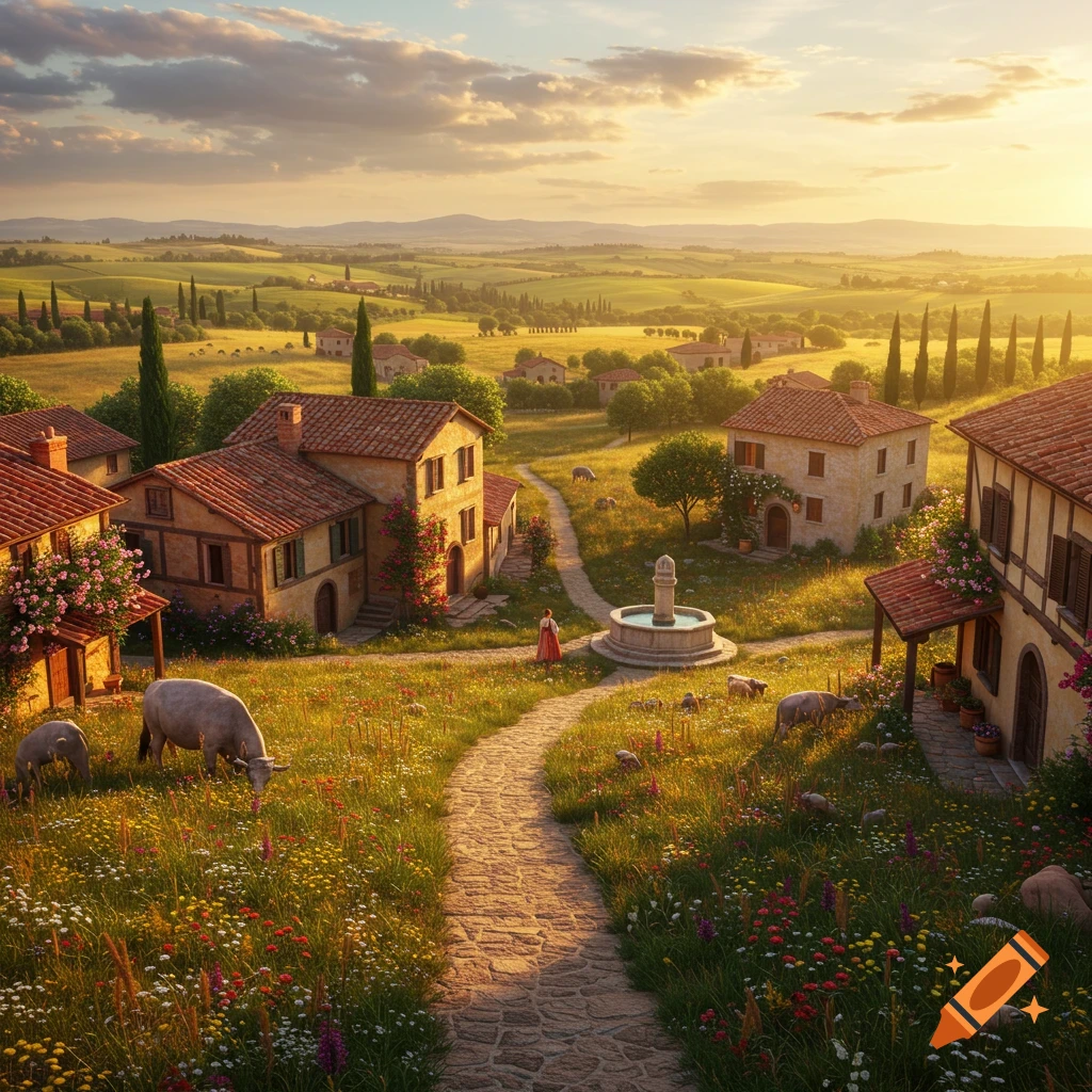 A picturesque countryside village with traditional houses, a stone path, a fountain, grazing cows, and rolling hills bathed in warm sunset light.