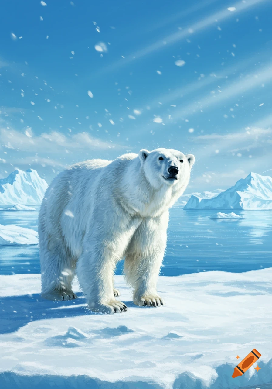 A majestic polar bear stands on a snowy ice floe in a vast arctic landscape with icebergs and falling snow.