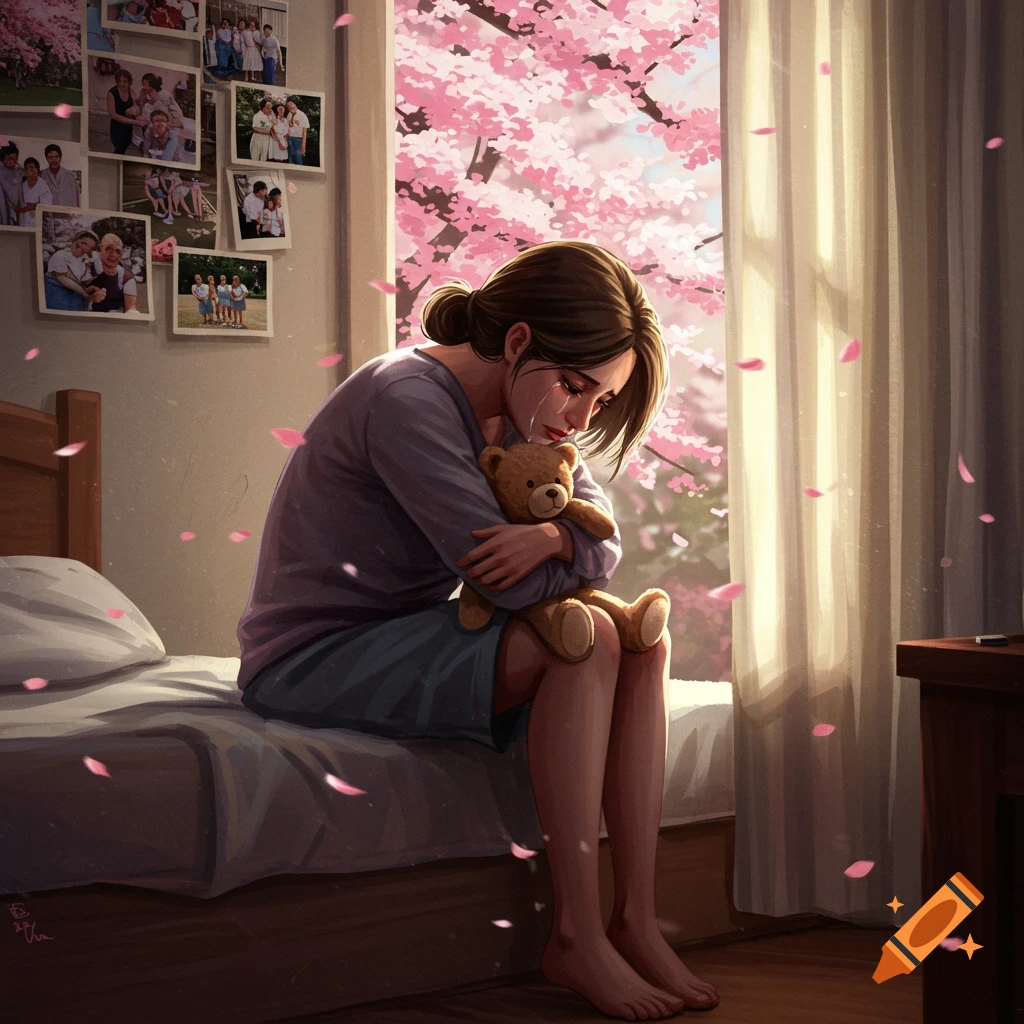 An emotional illustration of a woman crying and hugging a teddy bear on a bed, with cherry blossoms visible outside a window.