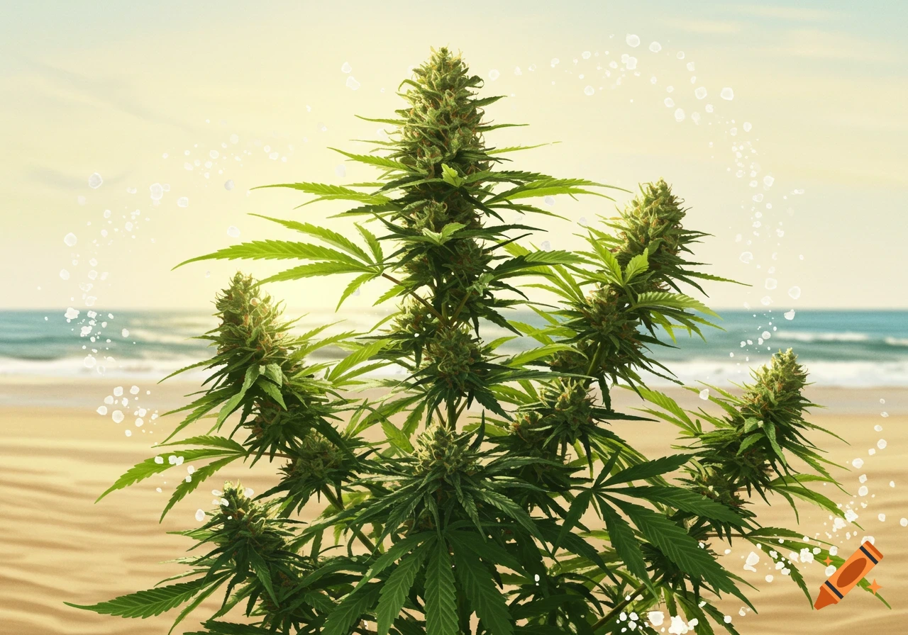 A vibrant cannabis plant with buds stands prominently on a sunny beach, with the ocean and light sky in the background, surrounded by white particles.
