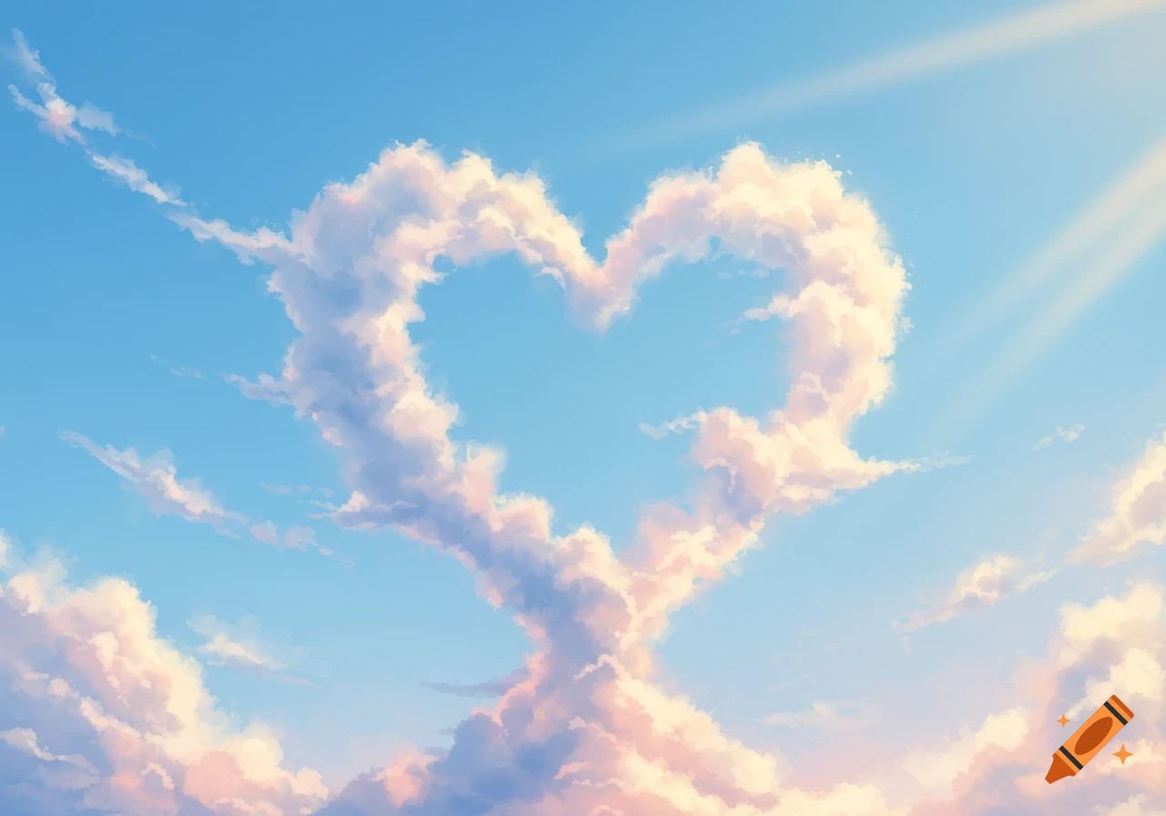 Heart-shaped clouds float in a clear blue sky with sun rays shining from the corner, in a serene digital art style.