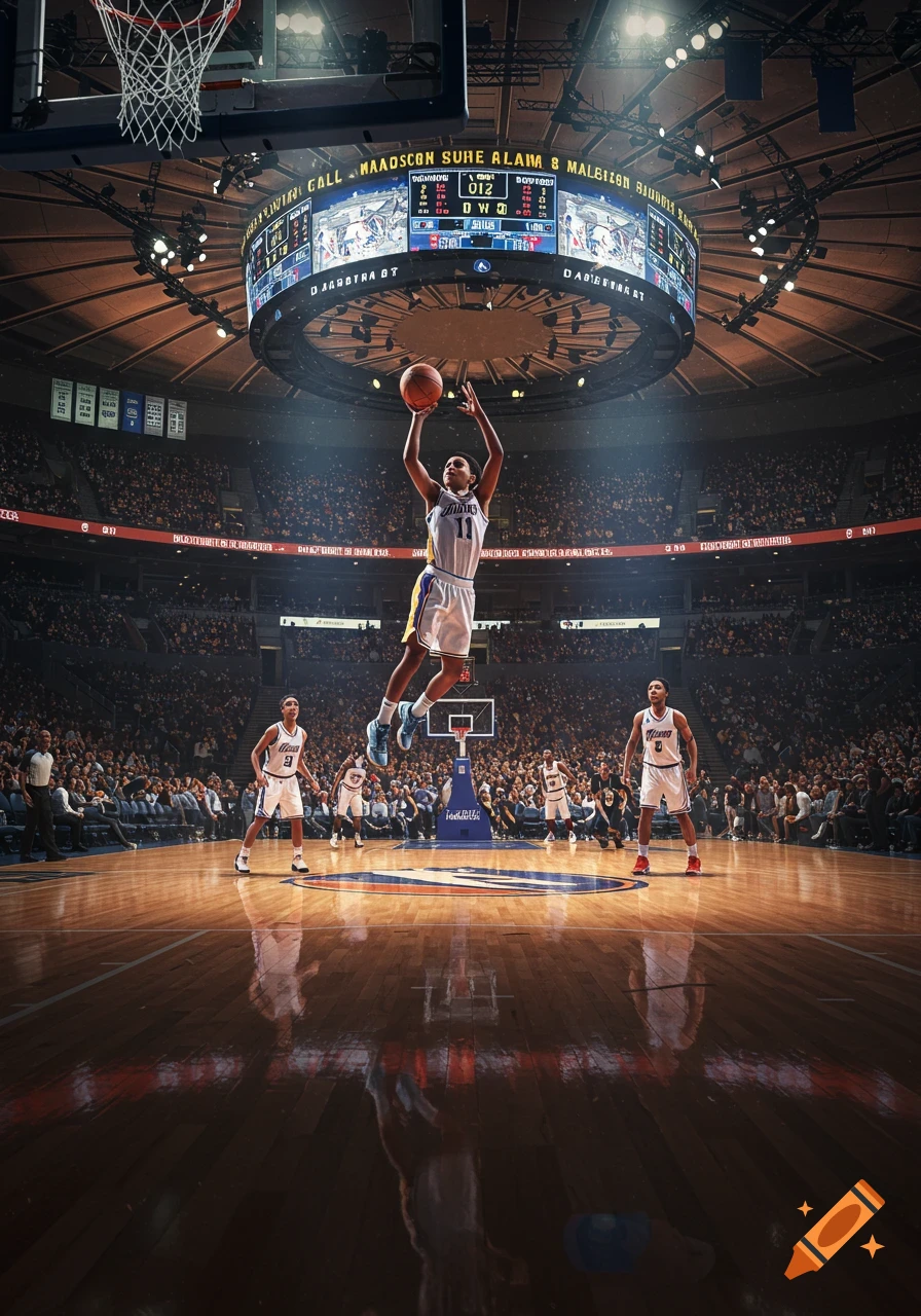 A male basketball player in a white and purple jersey jumps to shoot a basketball in a brightly lit arena with a large crowd and scoreboard.