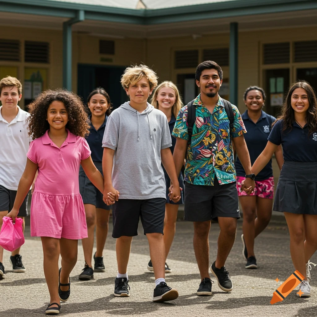 A diverse group of smiling students walks outdoors, holding hands in front of a school building.
