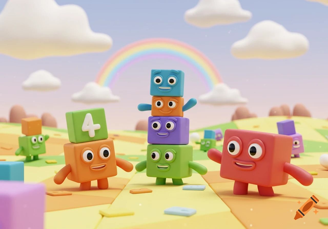 Colorful Numberblocks characters play in a vibrant, grassy landscape under a rainbow, with one block showing the number 4.