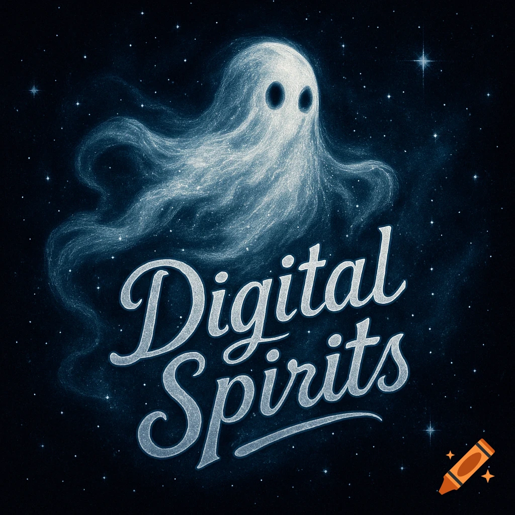 A glowing ghost floats in a starry cosmic background above the stylized text 'Digital Spirits' in a textured, light blue font.
