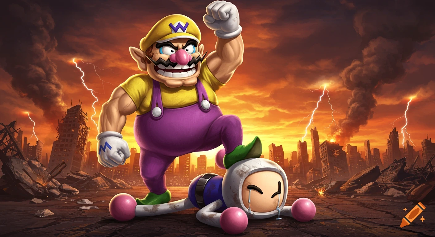 Wario triumphantly stands with one boot on a defeated, crying Bomberman in a post-apocalyptic city with lightning and fire.