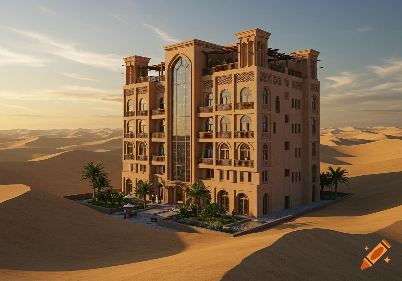 A large, multi-story building with traditional Middle Eastern architecture in a desert landscape with sand dunes and palm trees.