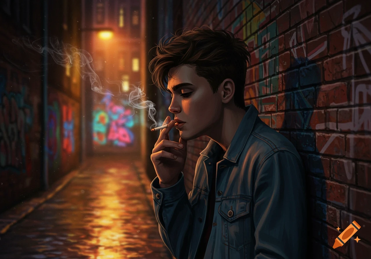 A young man in a denim jacket smokes a cigarette in a dark, graffiti-covered alley, illuminated by warm streetlights.