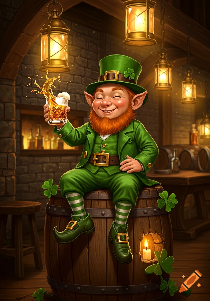 A cheerful leprechaun in green, with a red beard, sits on a barrel in a tavern, raising a frothing glass. Shamrocks are visible.