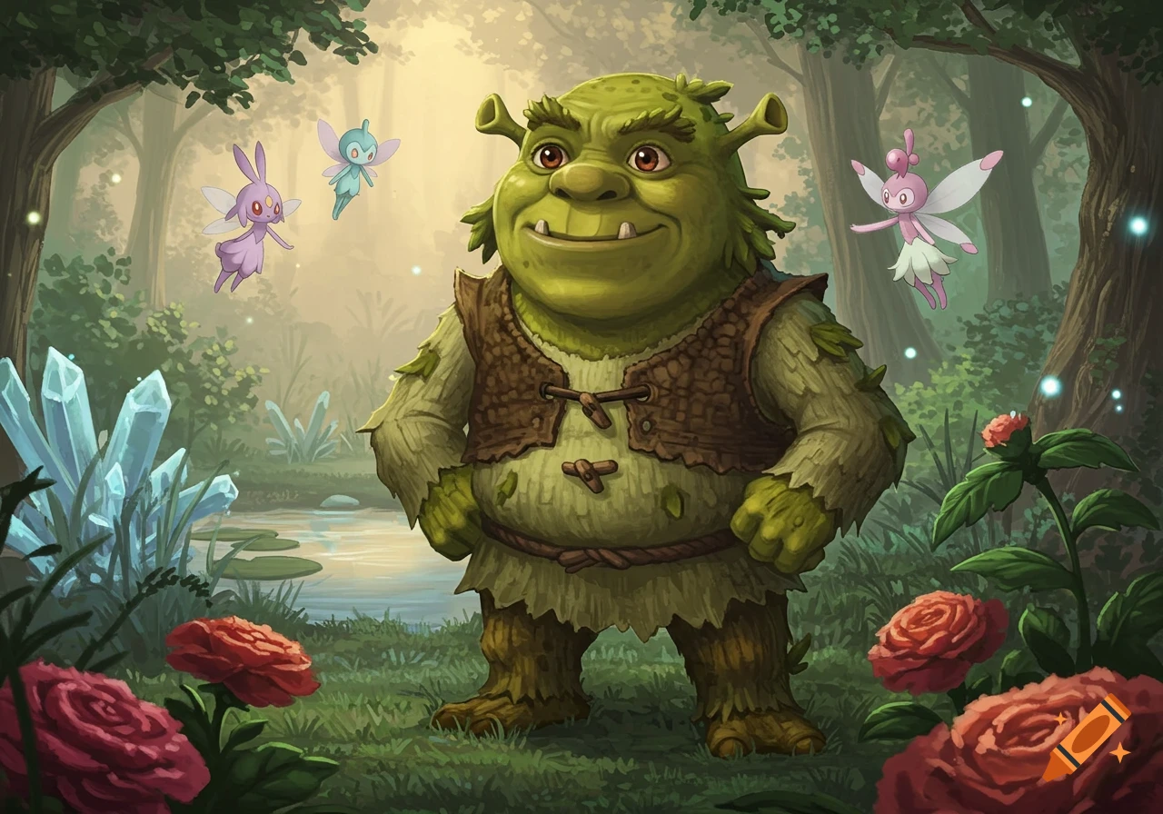 Shrek stands in a fantasy forest with fairy Pokemon, glowing crystals, and red roses.