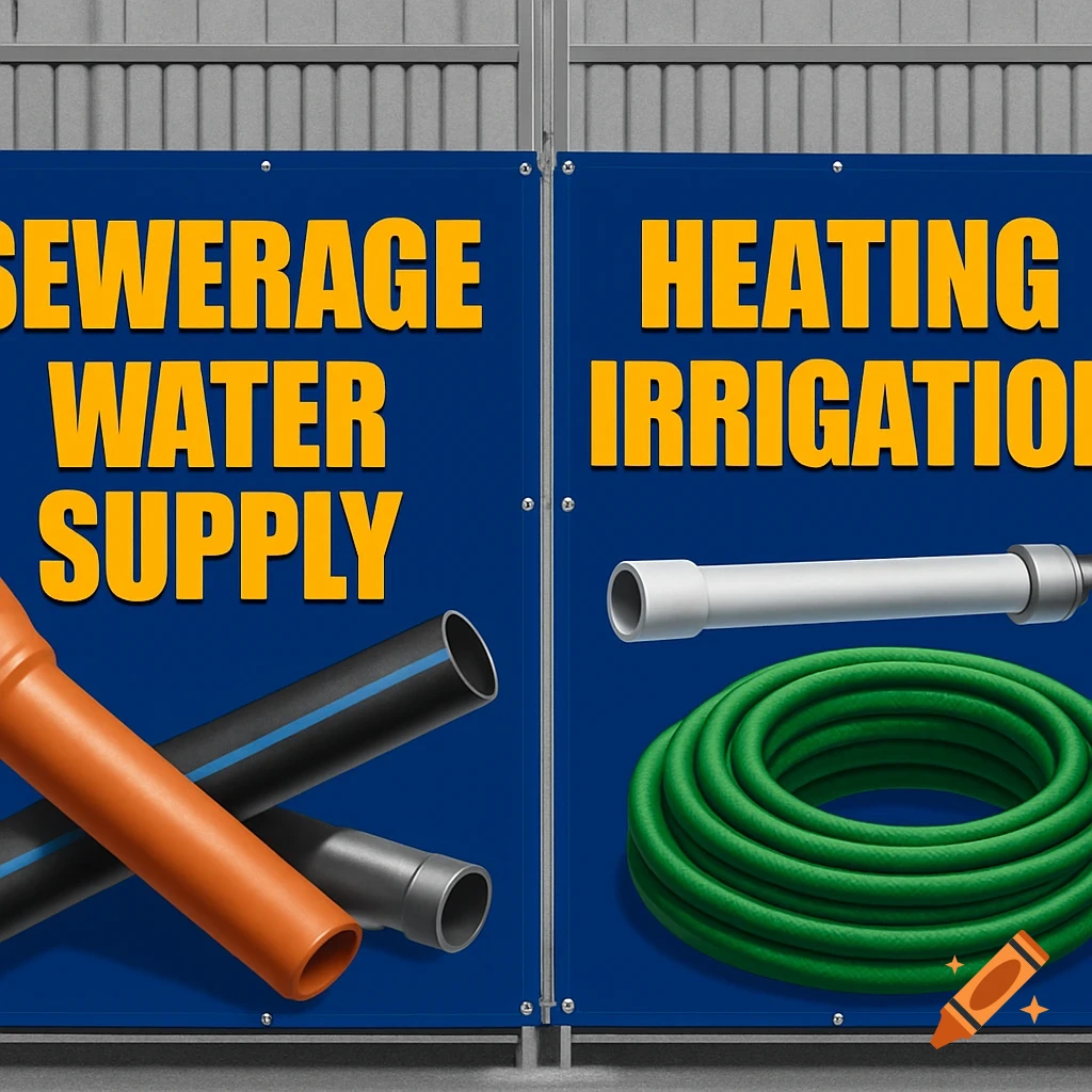 A high-resolution blue banner for a warehouse gate displaying plumbing and heating services with various pipes and hoses.