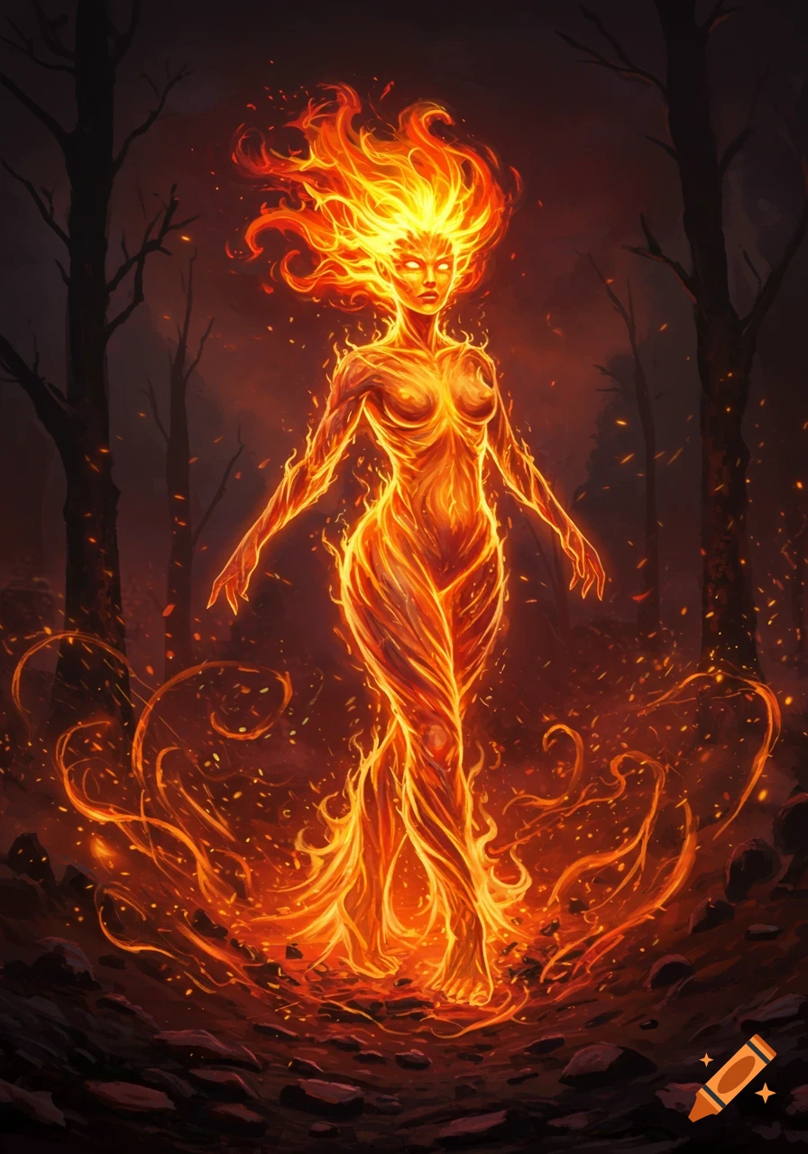 A female fire elemental with fiery hair and body glows intensely, standing amidst dark trees and burning embers in a fantasy digital painting.