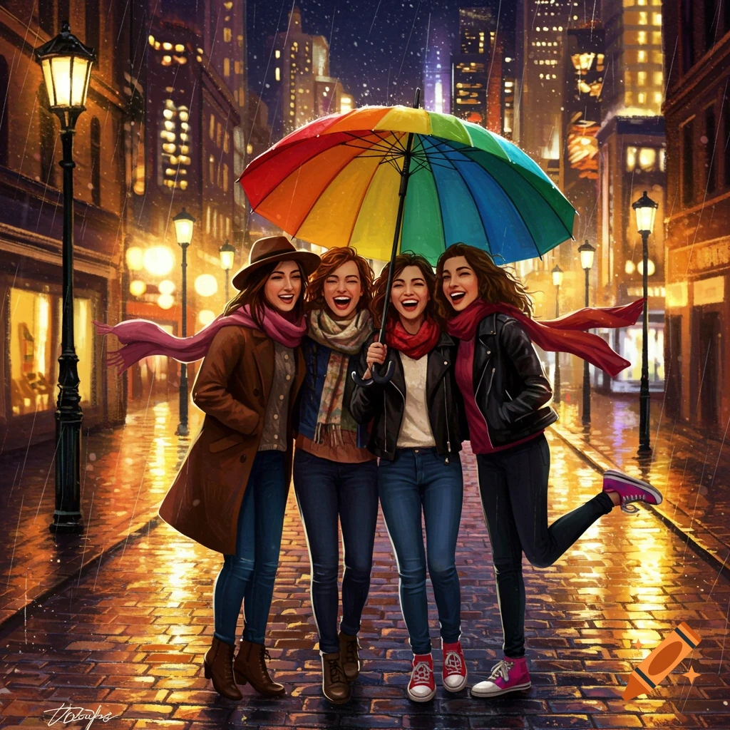 Four laughing women under a rainbow umbrella walk on a rainy, glowing city street at night, in an illustrative style.