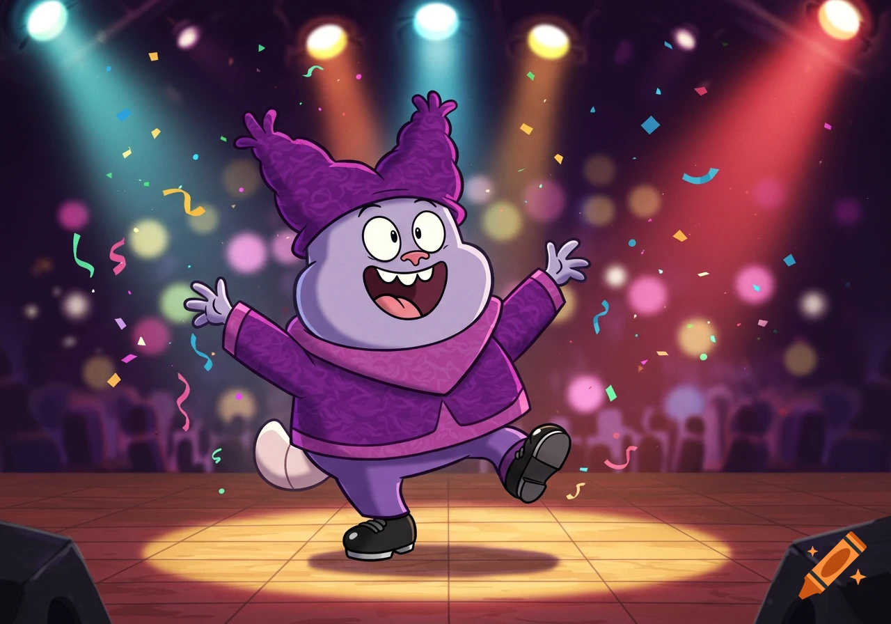 Chowder, a purple cartoon character, tap dances on a spotlight-lit stage with confetti falling and a blurred audience in the background.