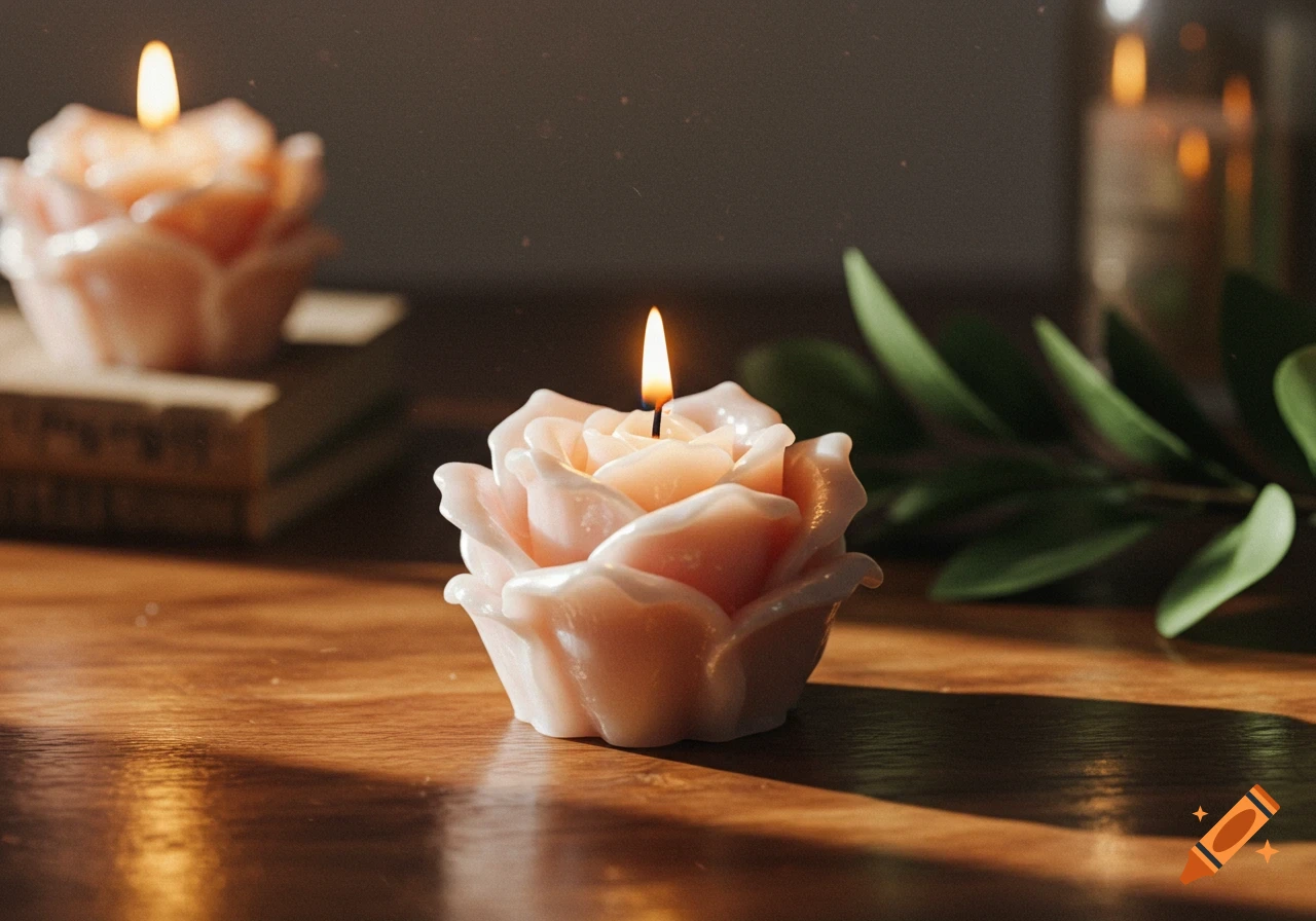 A lit pink rose-shaped candle on a wooden table, with books and green leaves blurred in the background, bathed in sunlight.