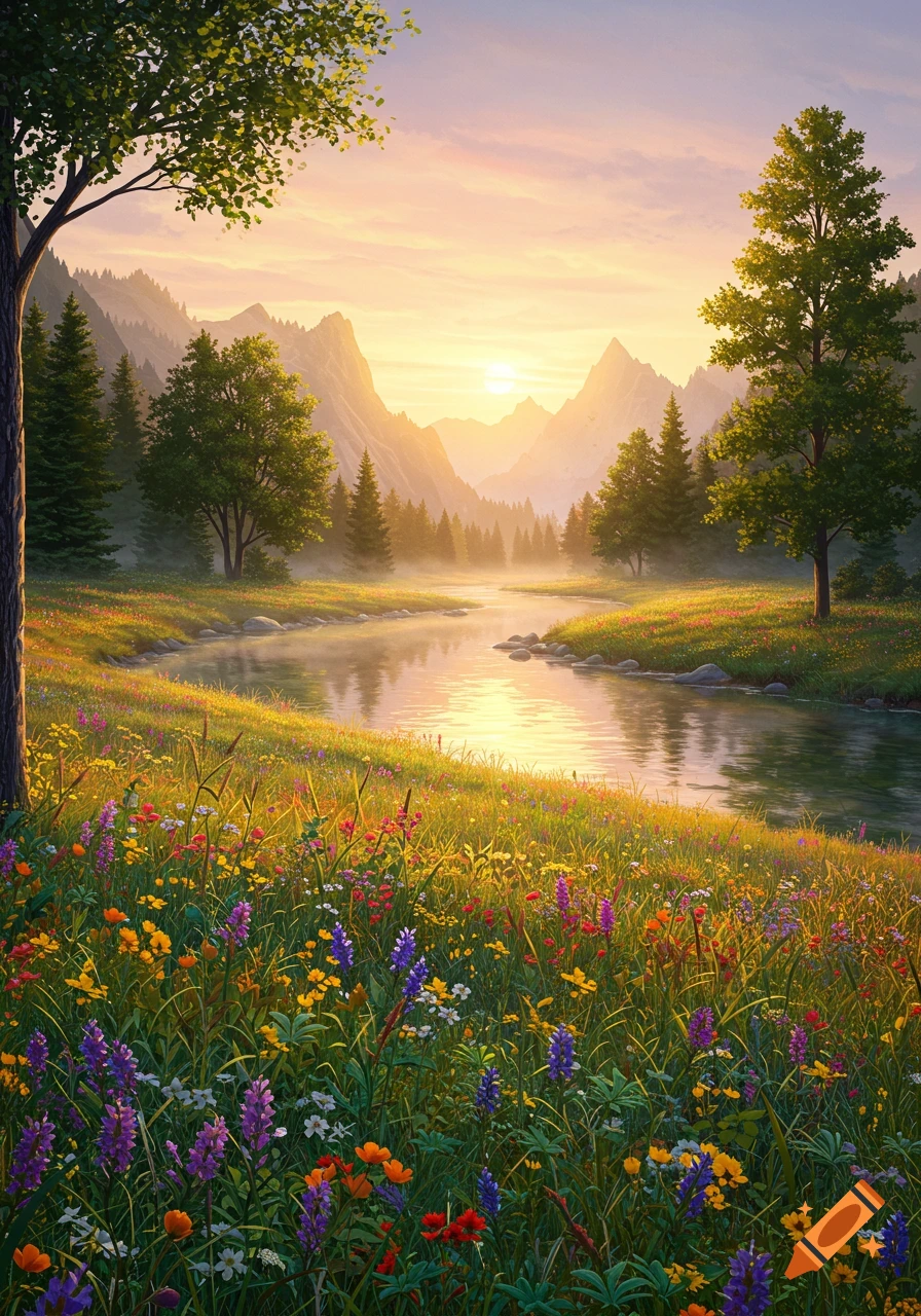 A peaceful mountain valley at sunrise, with a river reflecting the ...
