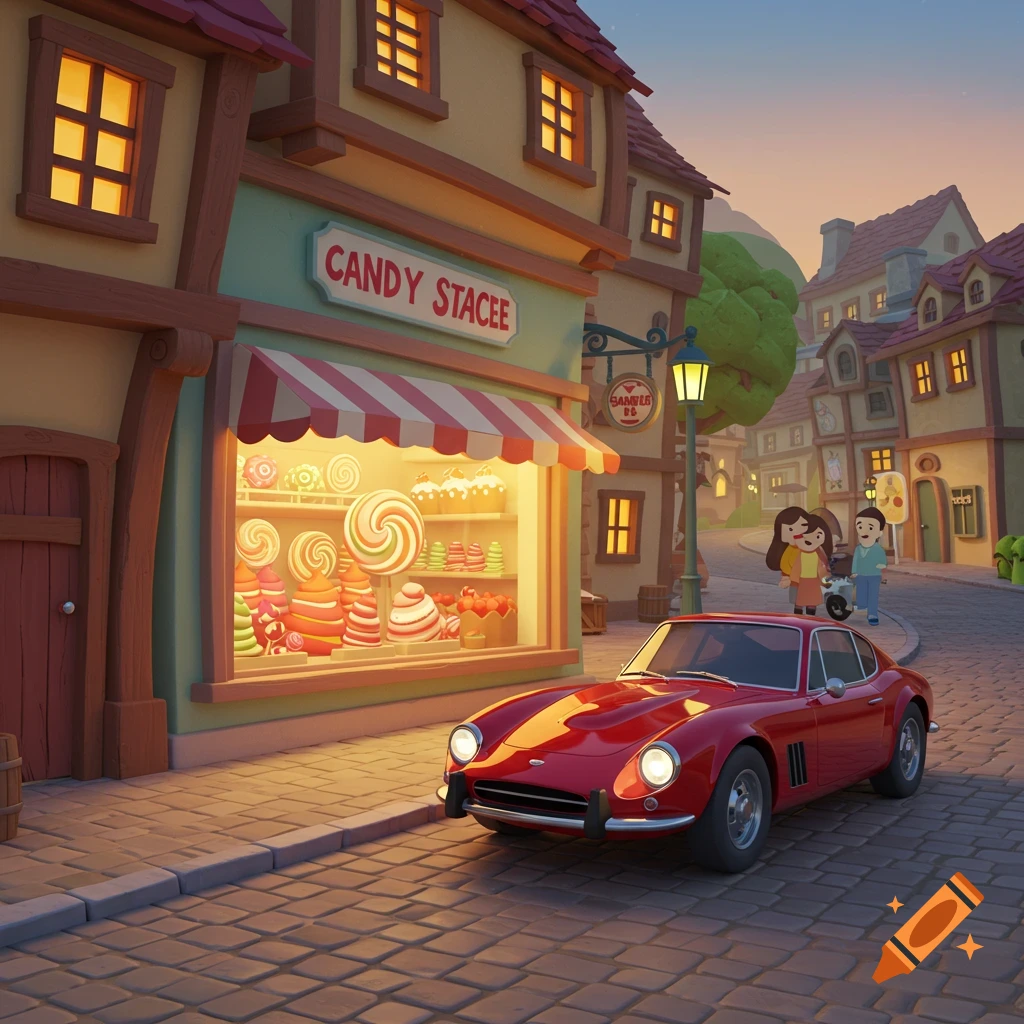 A red sports car parked on a cobblestone street in front of a brightly lit candy store in a whimsical cartoon town at dusk.