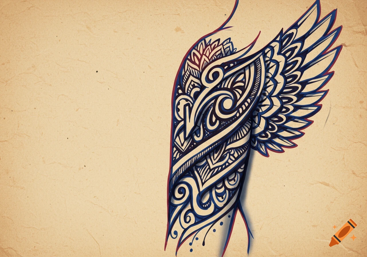A stylized wing design resembling a tattoo, with intricate blue and black patterns outlined in red, on a textured beige background.