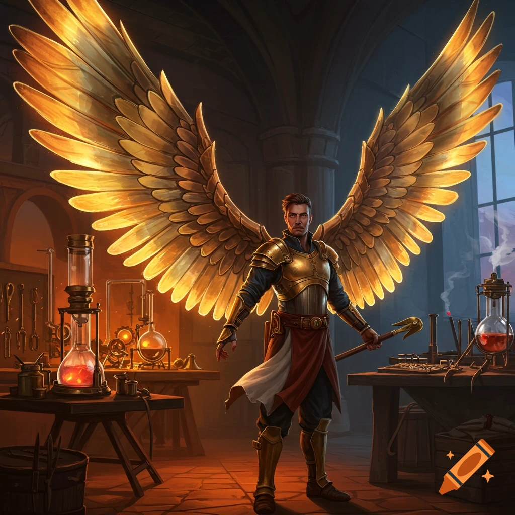 A man with large, glowing golden wings and gold armor stands in an alchemist's lab, holding a staff.