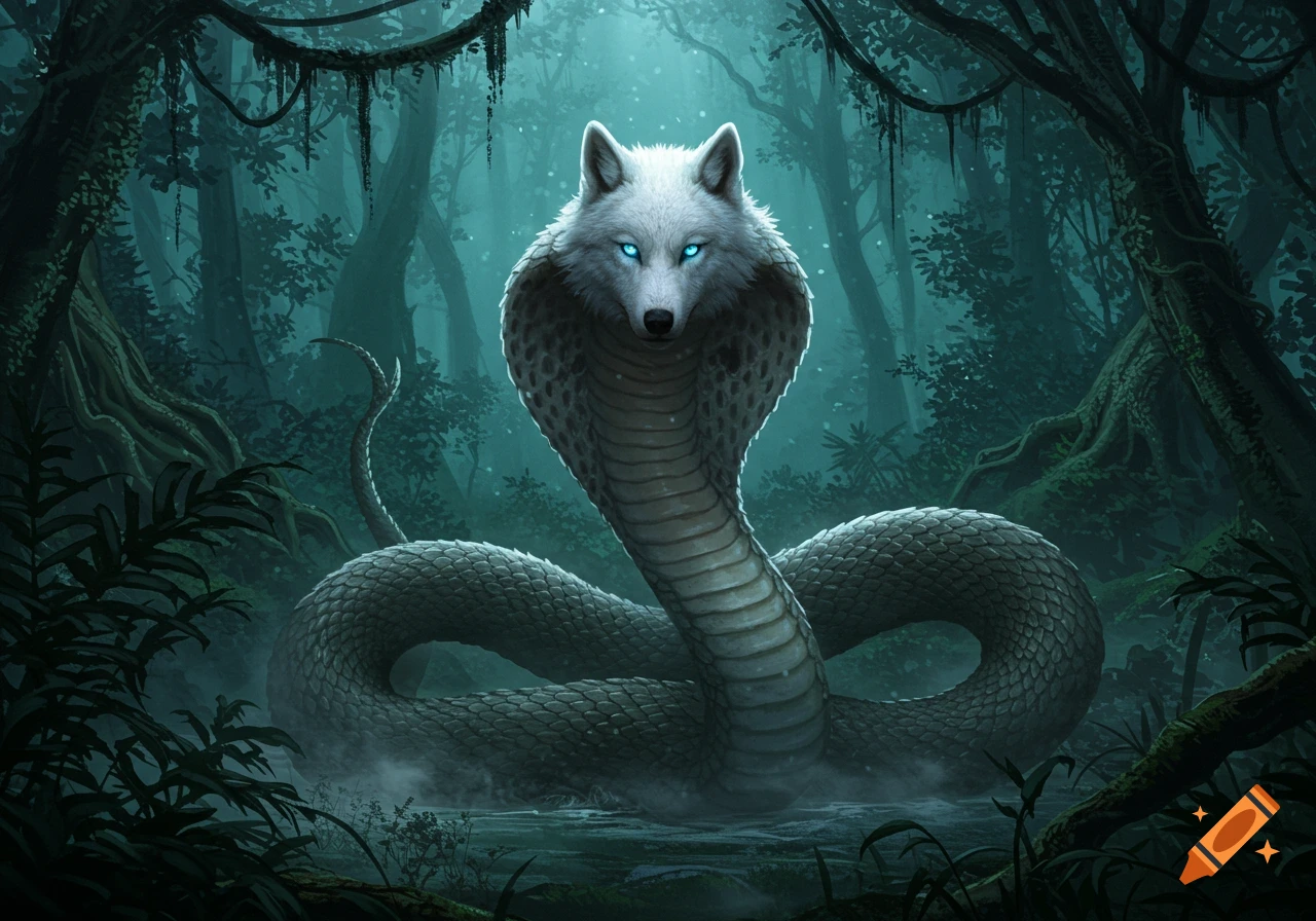 A fantasy illustration of a mythical creature with a white wolf head, glowing blue eyes, and a giant cobra body in a dark, misty enchanted forest.