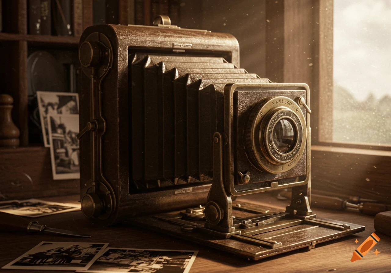 A vintage brown leather and brass folding camera stands on a wooden desk, surrounded by old black and white photographs and books, bathed in warm sunlight.
