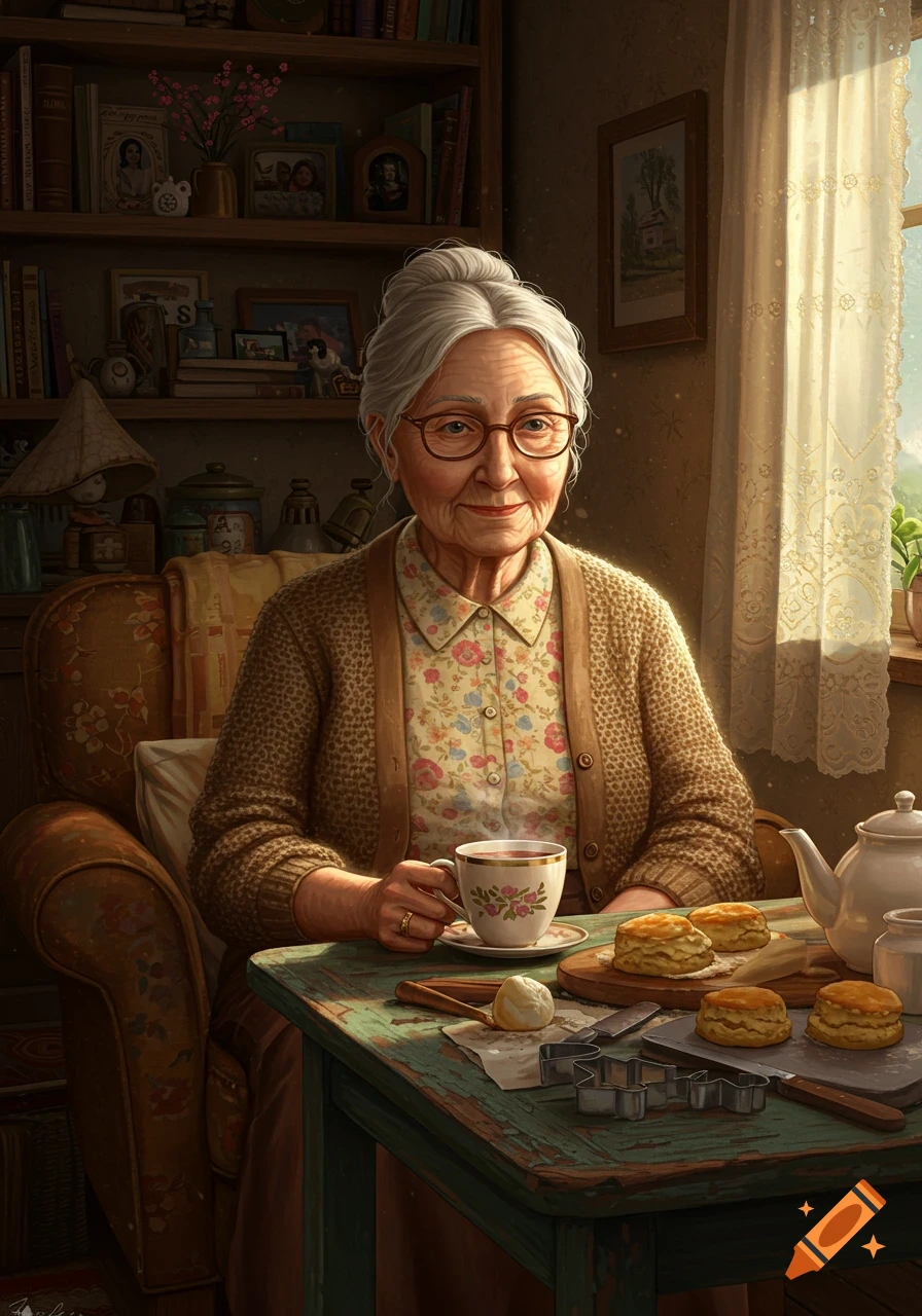Elderly woman with gray hair and glasses, sitting at a wooden table with tea and scones in a cozy, sunlit room.