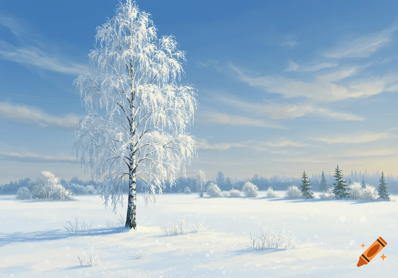 A serene painting of a snow-covered birch tree in a wide winter landscape under a blue sky with light clouds.