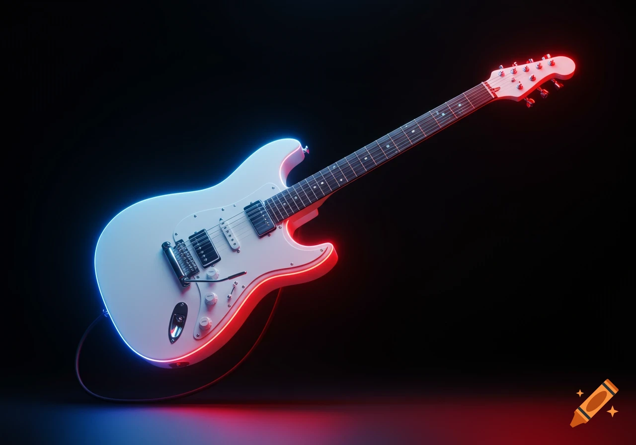 A white electric guitar with neon blue and red lights on its edges, set against a dark, black background.
