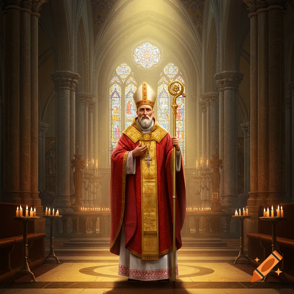 A photorealistic bishop in red and gold vestments holds a crozier, standing in a grand church with stained glass and warm light.