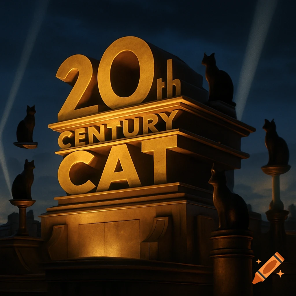 Golden '20th CENTURY CAT' logo, a parody of 20th Century Fox, with cat silhouettes acting as searchlights and on pedestals, against a dark sky.